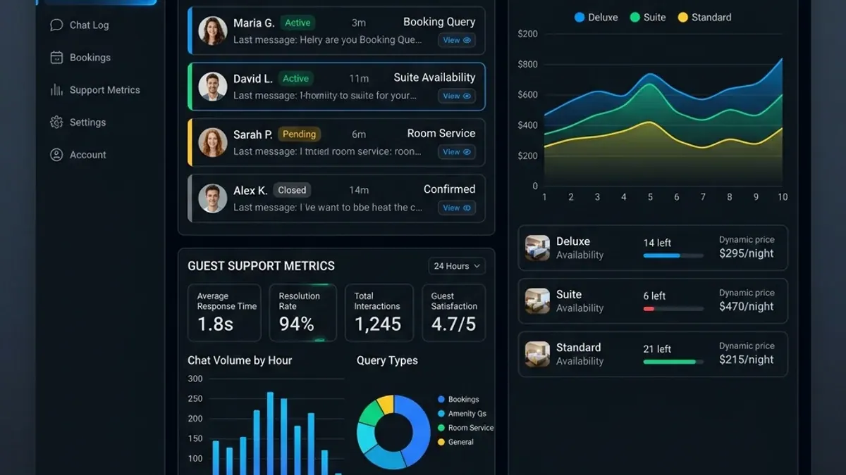 A modern AI hotel booking and guest support dashboard showing chat windows, occupancy metrics, and automated workflows.