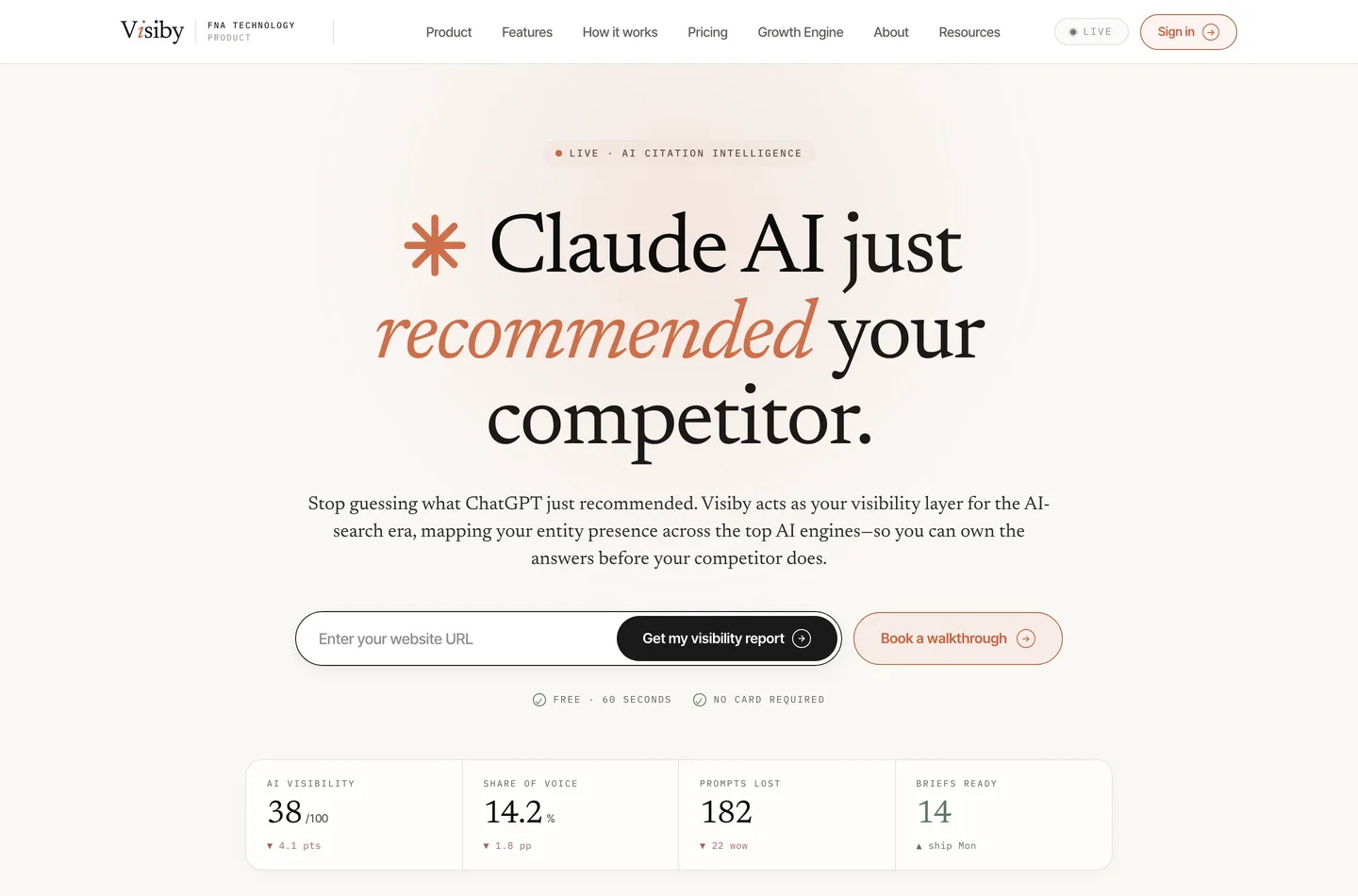 Visiby home page: AI visibility score, share of voice, prompts lost and briefs ready